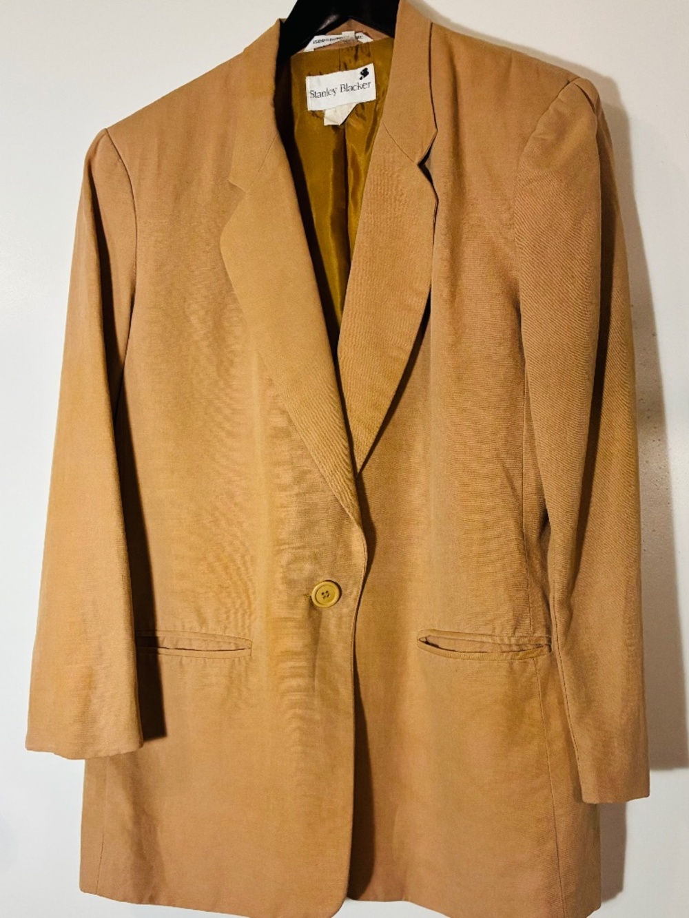 STANLEY BLACKER WOMENS BLAZER/JACKET LINEN/COTTON CHAMOIS 1-BUTTON SZ 14 POCKETS